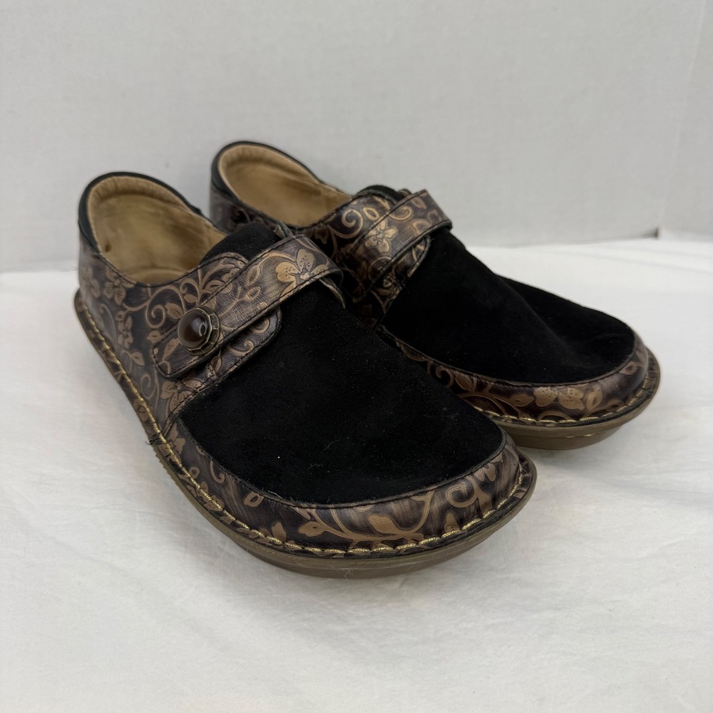 Alegria Brenna Bronze Floral Embossed Leather Suede Loafers Clogs Size 40